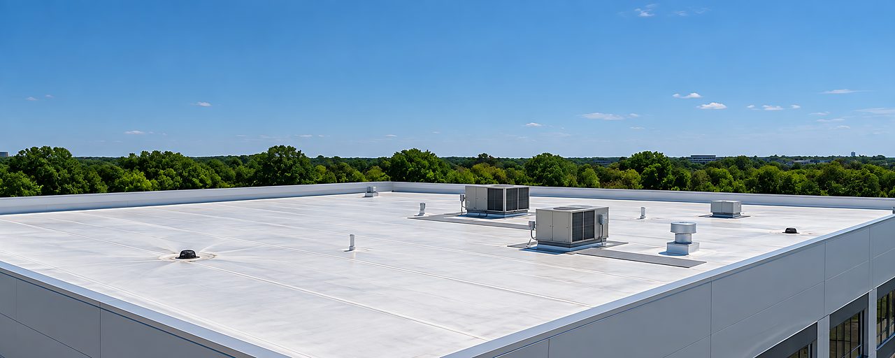 Techo comercial blanco de TPO terminado, con cielo azul