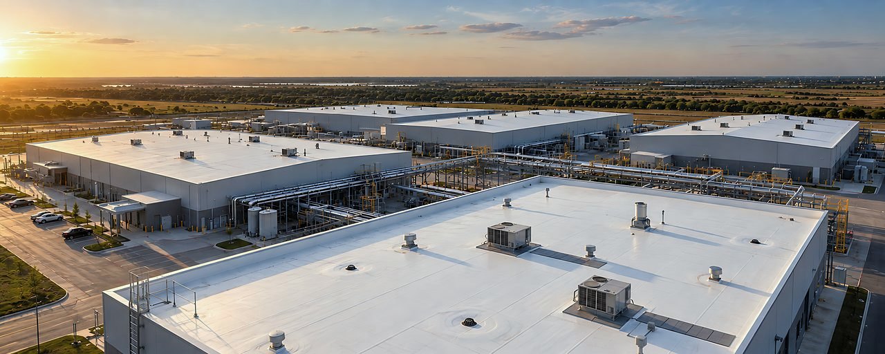 Planta industrial con techos blancos